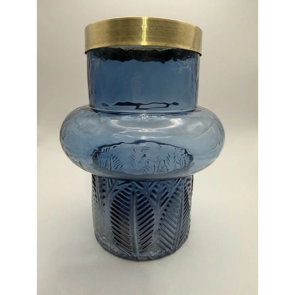 Contemporary MCM Blue Glass Vase Brass Rim Bubble Shape Fern Leaf Textured 8